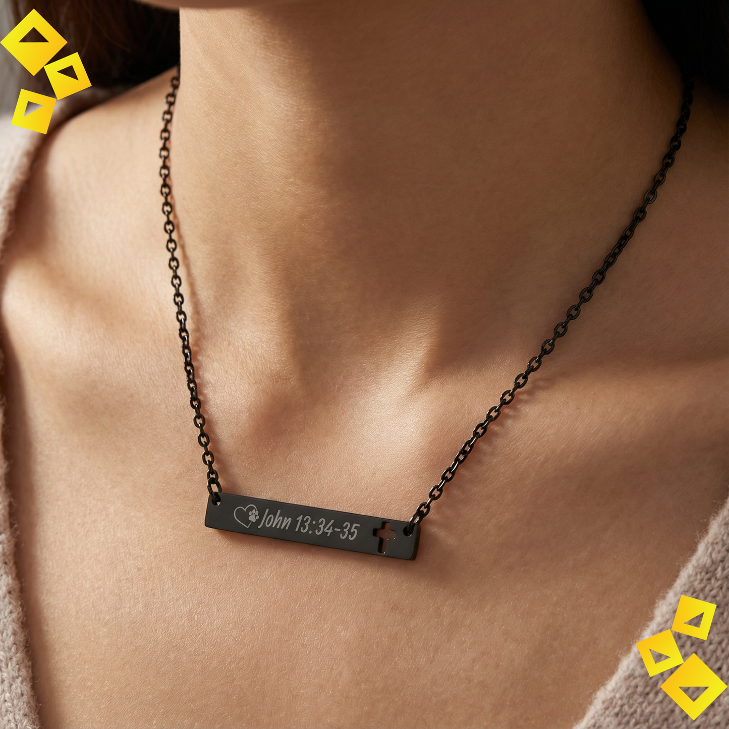 Cutout Cross Bar Necklace - John 13:34-35 - Christian Pet Lover Necklace - Faith Jewelry with Paw Heart