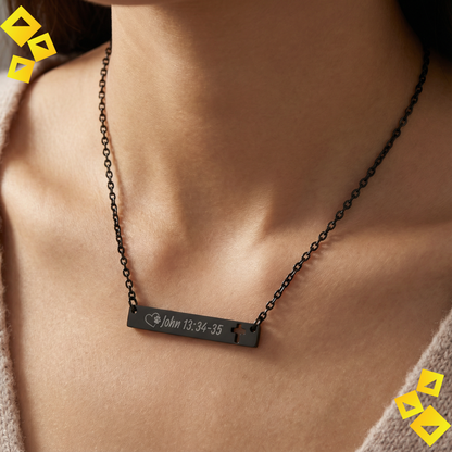 Cutout Cross Bar Necklace - John 13:34-35 - Christian Pet Lover Necklace - Faith Jewelry with Paw Heart