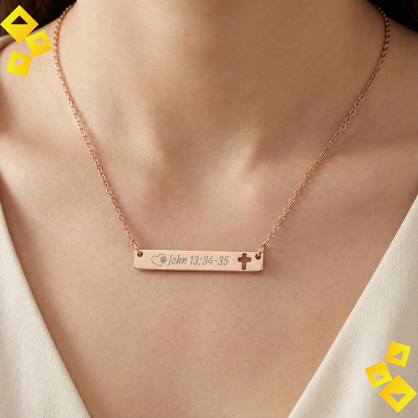 Cutout Cross Bar Necklace - John 13:34-35 - Christian Pet Lover Necklace - Faith Jewelry with Paw Heart