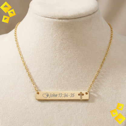 Cutout Cross Bar Necklace - John 13:34-35 - Christian Pet Lover Necklace - Faith Jewelry with Paw Heart