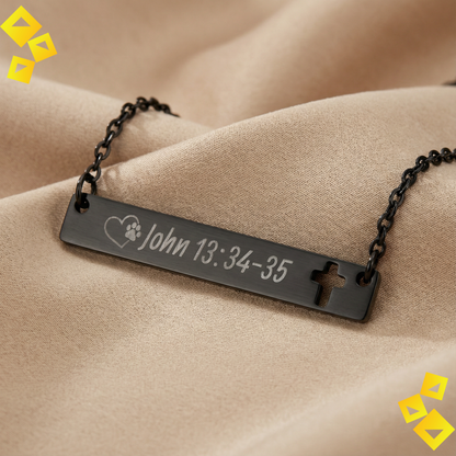 Cutout Cross Bar Necklace - John 13:34-35 - Christian Pet Lover Necklace - Faith Jewelry with Paw Heart