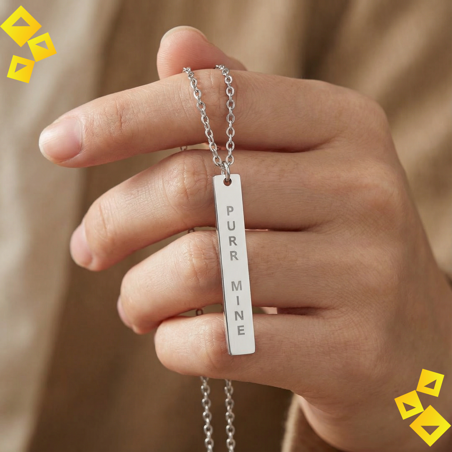 Vertical Bar Necklace - Purr Mine Necklace - Cat Lover Jewelry - Engraved Bar Necklace for Pet Lovers