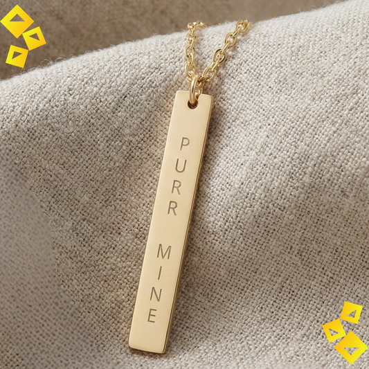 Vertical Bar Necklace - Purr Mine Necklace - Cat Lover Jewelry - Engraved Bar Necklace for Pet Lovers