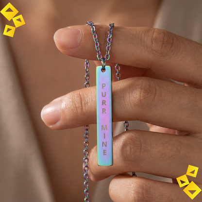 Vertical Bar Necklace - Purr Mine Necklace - Cat Lover Jewelry - Engraved Bar Necklace for Pet Lovers