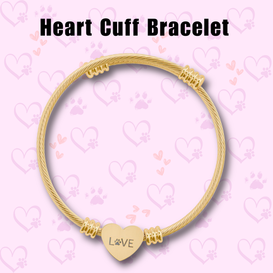 Heart Cuff Bracelet - Paw Print Love Bracelet - Pet Lover Jewelry - Engraved Heart Bracelet in Gold or Steel