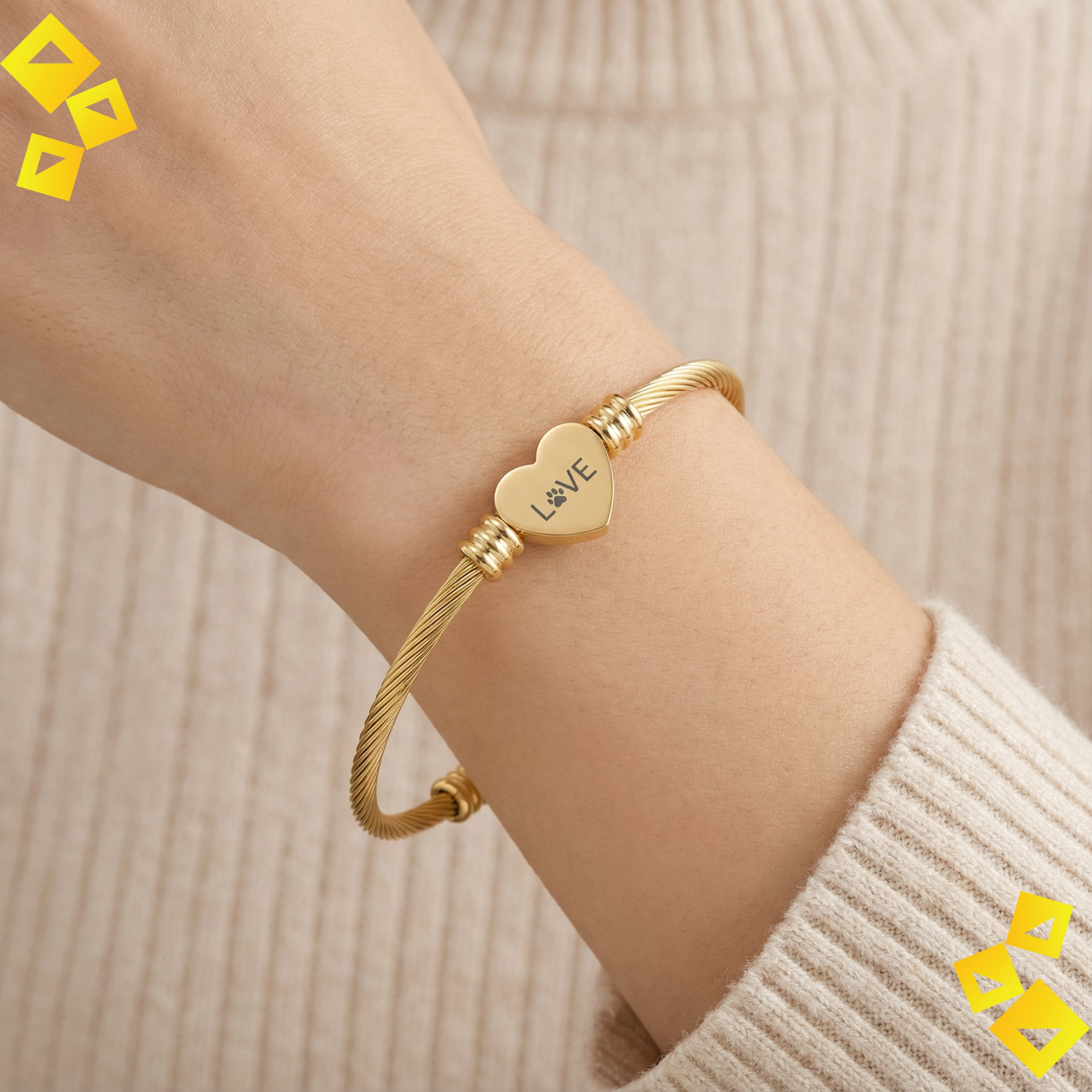 Heart Cuff Bracelet - Paw Print Love Bracelet - Pet Lover Jewelry - Engraved Heart Bracelet in Gold or Steel