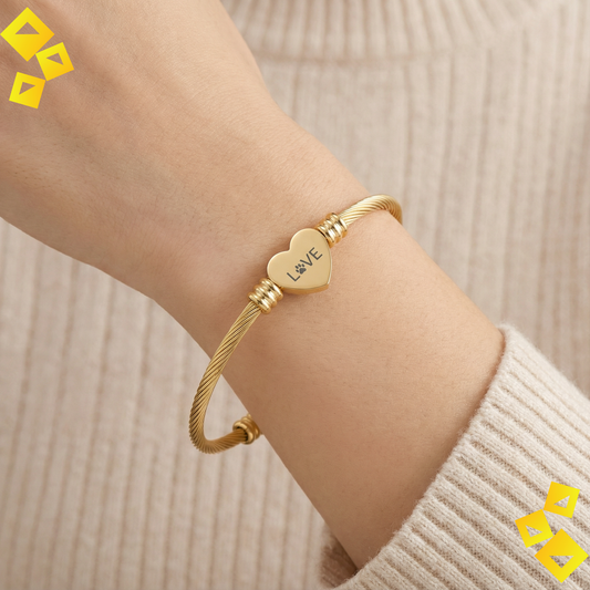 Heart Cuff Bracelet - Paw Print Love Bracelet - Pet Lover Jewelry - Engraved Heart Bracelet in Gold or Steel