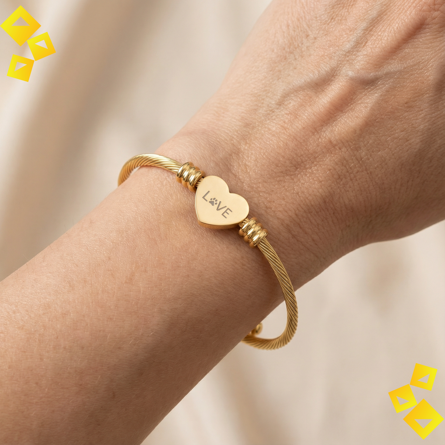 Heart Cuff Bracelet - Paw Print Love Bracelet - Pet Lover Jewelry - Engraved Heart Bracelet in Gold or Steel