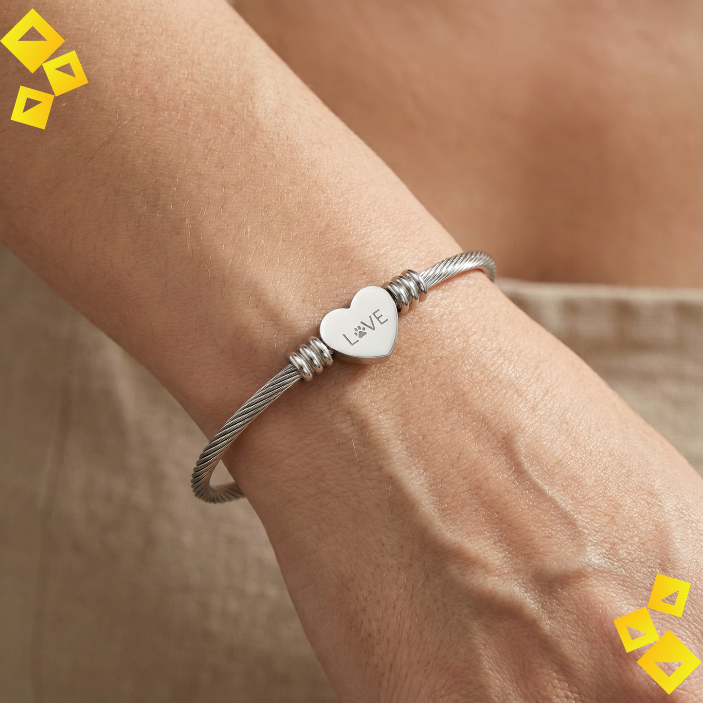 Heart Cuff Bracelet - Paw Print Love Bracelet - Pet Lover Jewelry - Engraved Heart Bracelet in Gold or Steel