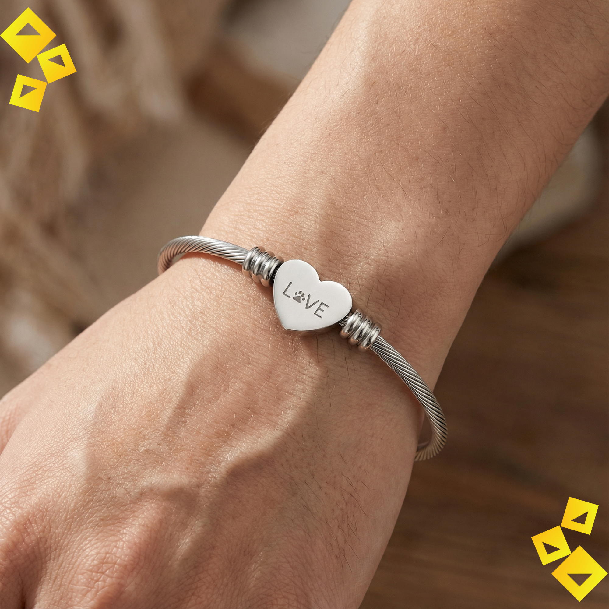 Heart Cuff Bracelet - Paw Print Love Bracelet - Pet Lover Jewelry - Engraved Heart Bracelet in Gold or Steel