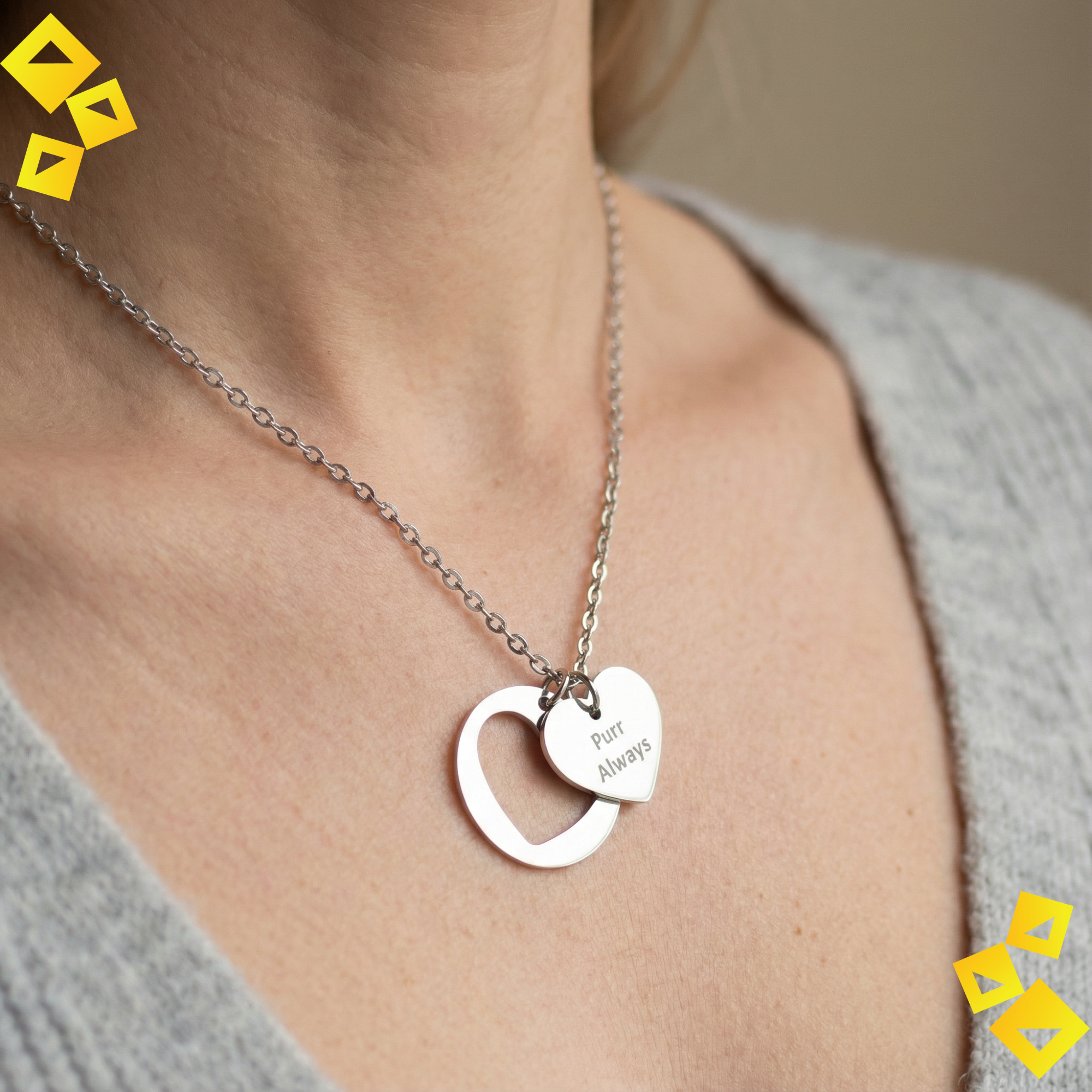 Heart Cutout Necklace - Purr Always Cat Lover Necklace - Engraved Heart Charm Jewelry - Stainless Steel Pet Lover Gift