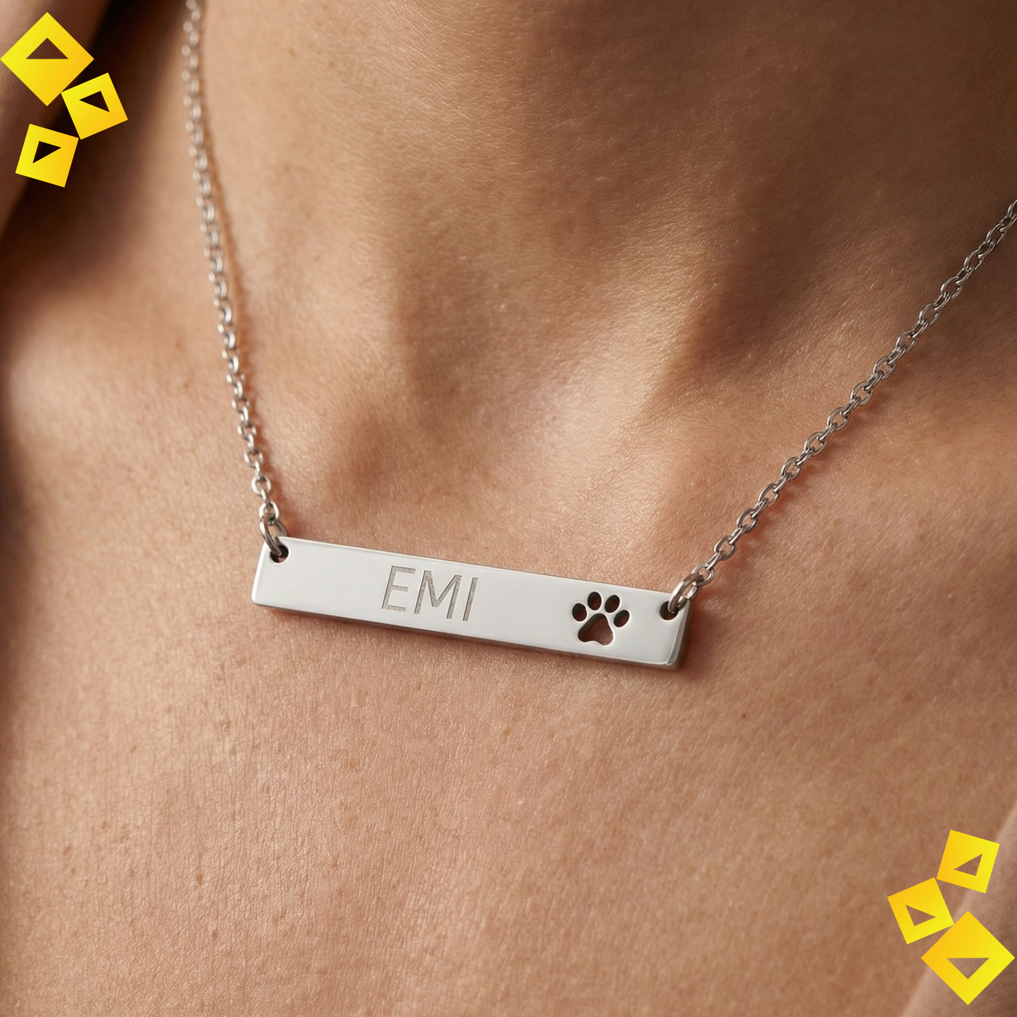 Personalized Paw Bar Necklace - Custom Pet Name Necklace - Cutout Paw Print Jewelry - Gift for Pet Lovers