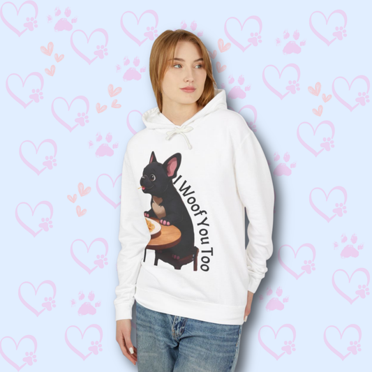 Dog Lover Hoodie - I Woof You Sweatshirt - Cute Puppy Eating Spaghetti - Cozy Gift for Pet Parents & Animal Lovers