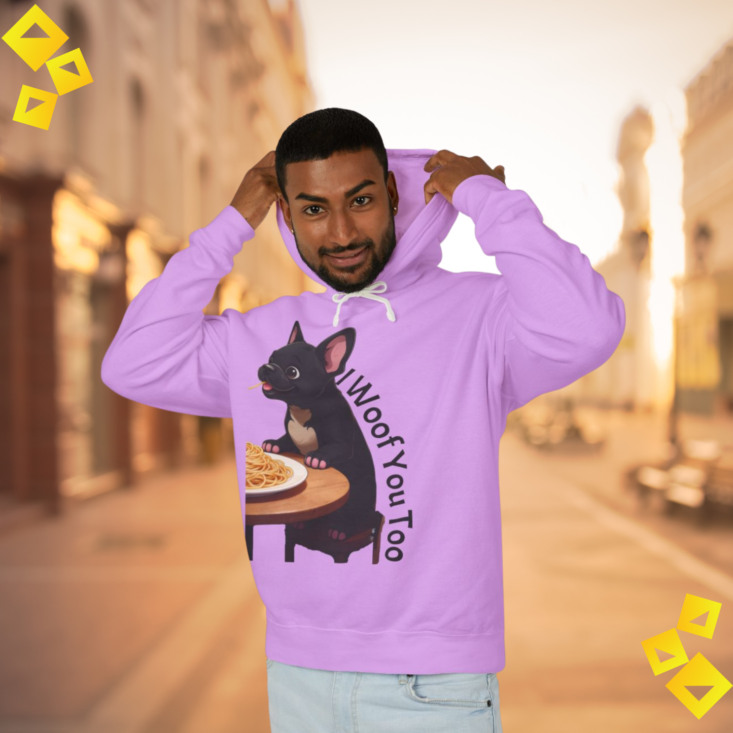 Dog Lover Hoodie - I Woof You Sweatshirt - Cute Puppy Eating Spaghetti - Cozy Gift for Pet Parents & Animal Lovers