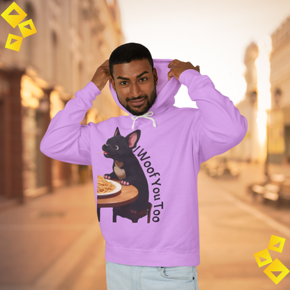 Dog Lover Hoodie - I Woof You Sweatshirt - Cute Puppy Eating Spaghetti - Cozy Gift for Pet Parents & Animal Lovers