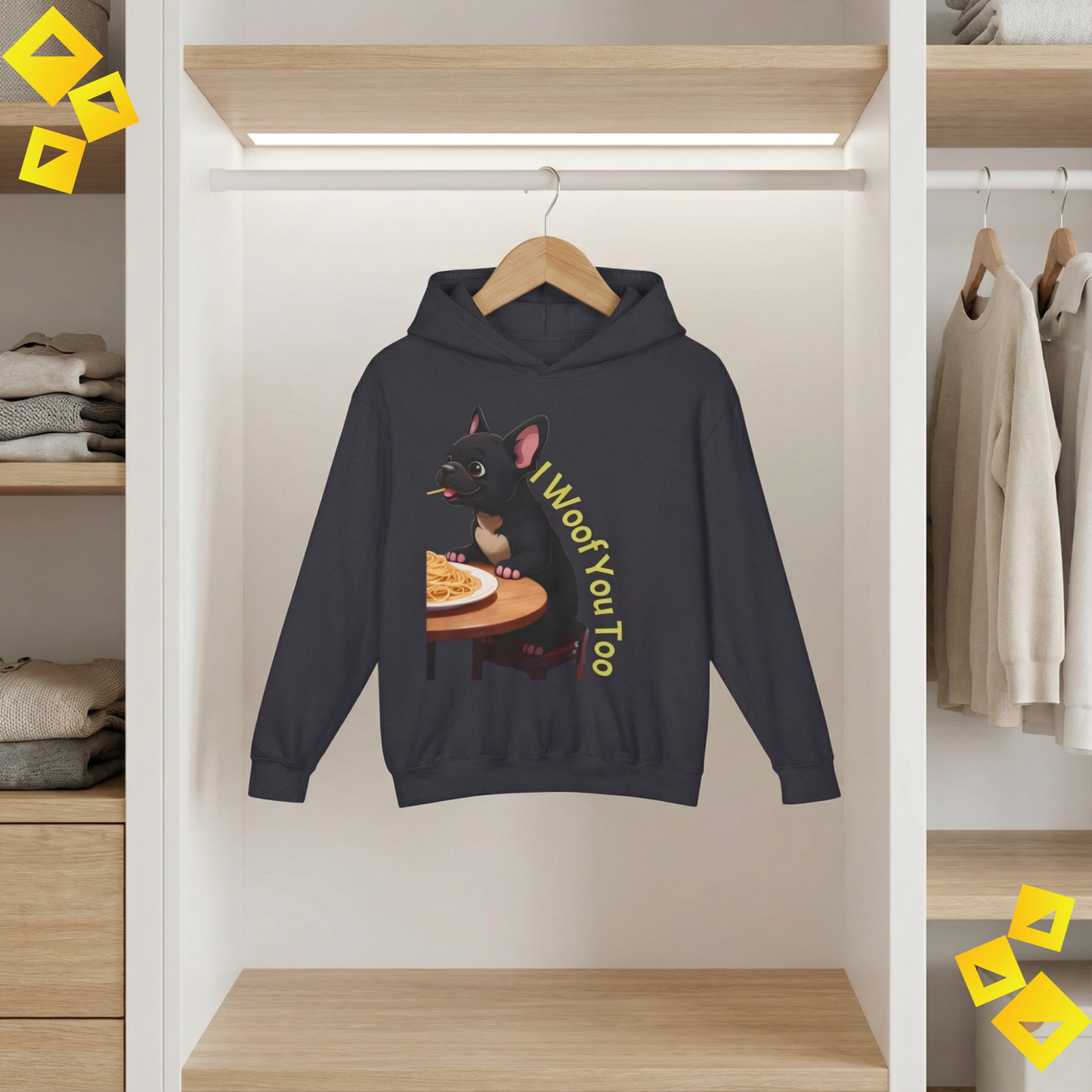 Dog Lover Hoodie - I Woof You Sweatshirt - Cute Puppy Eating Spaghetti - Cozy Gift for Pet Parents & Animal Lovers