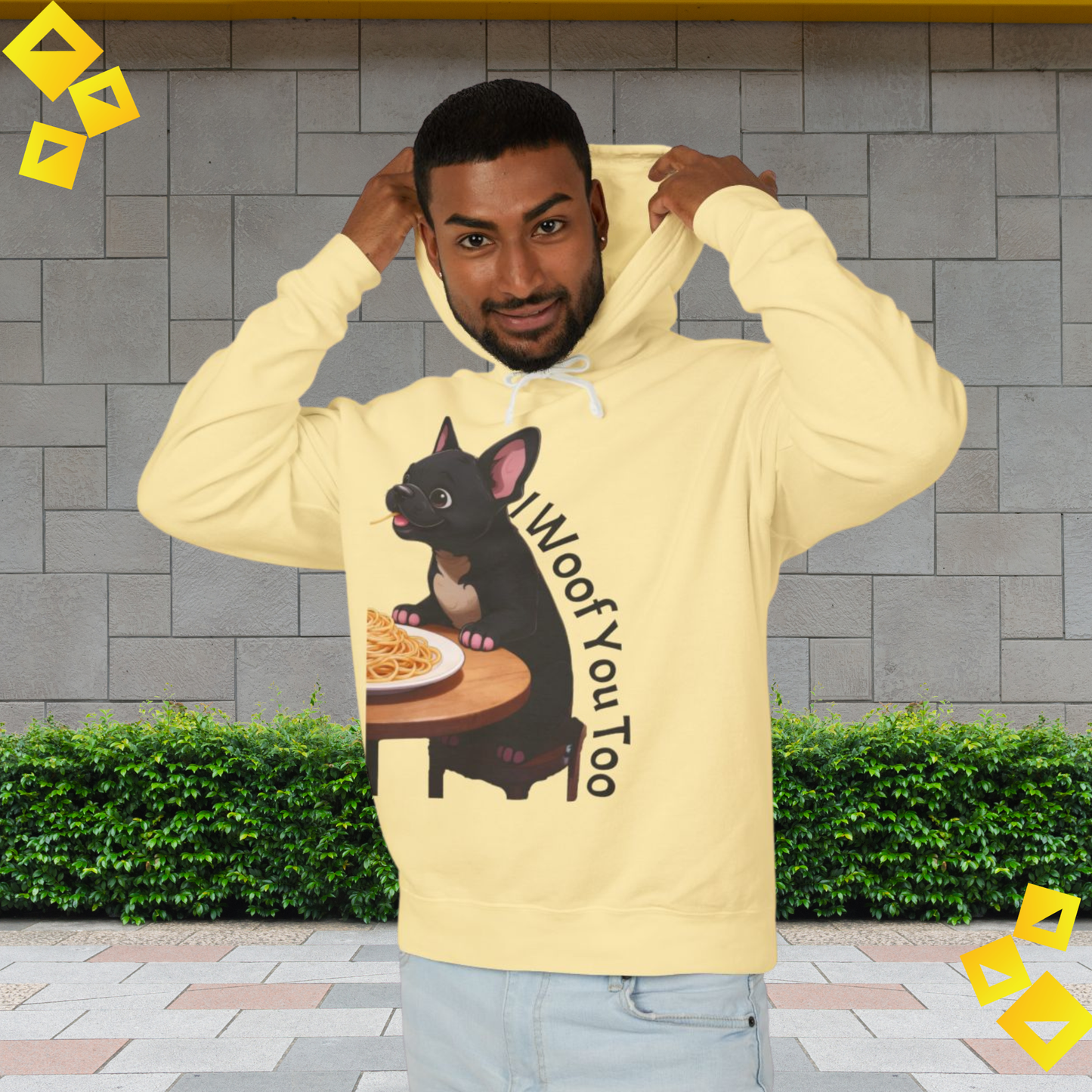Dog Lover Hoodie - I Woof You Sweatshirt - Cute Puppy Eating Spaghetti - Cozy Gift for Pet Parents & Animal Lovers