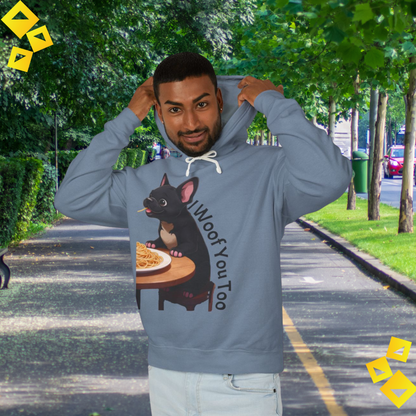 Dog Lover Hoodie - I Woof You Sweatshirt - Cute Puppy Eating Spaghetti - Cozy Gift for Pet Parents & Animal Lovers