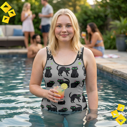 One Piece Swimsuit, Black Cat Print Pattern, Cute Cat Bathing Suit, Cat Lover Swimwear, Gift for Pet Moms, Beach Vacation Outfit