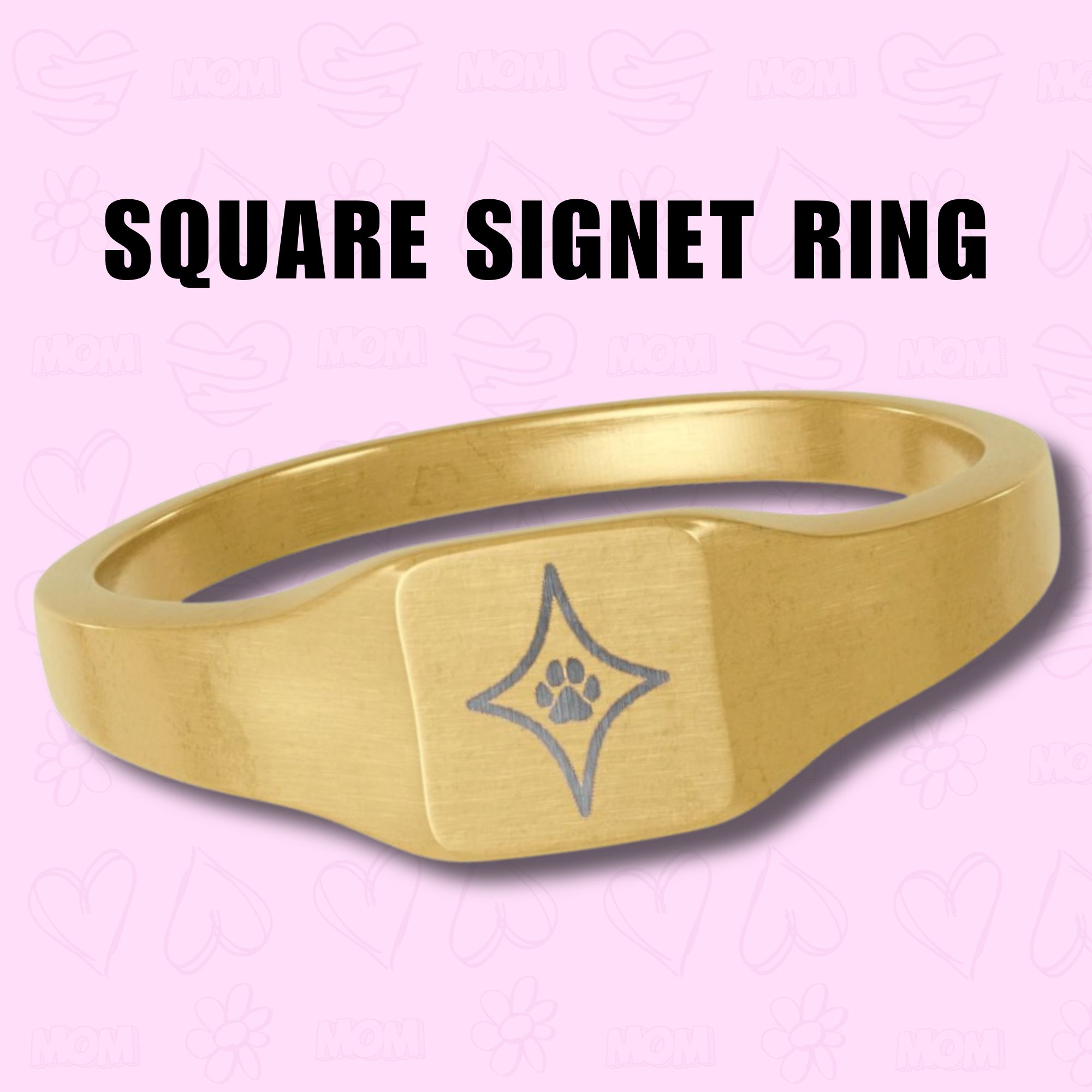 Square Signet Ring, Pet Paw Star Engraved Square Ring, Dog Mom Gift, Mother's Day Engraved Jewelry, Cat Mom Gift