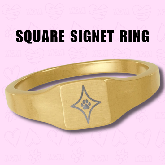 Square Signet Ring, Pet Paw Star Engraved Square Ring, Dog Mom Gift, Mother's Day Engraved Jewelry, Cat Mom Gift