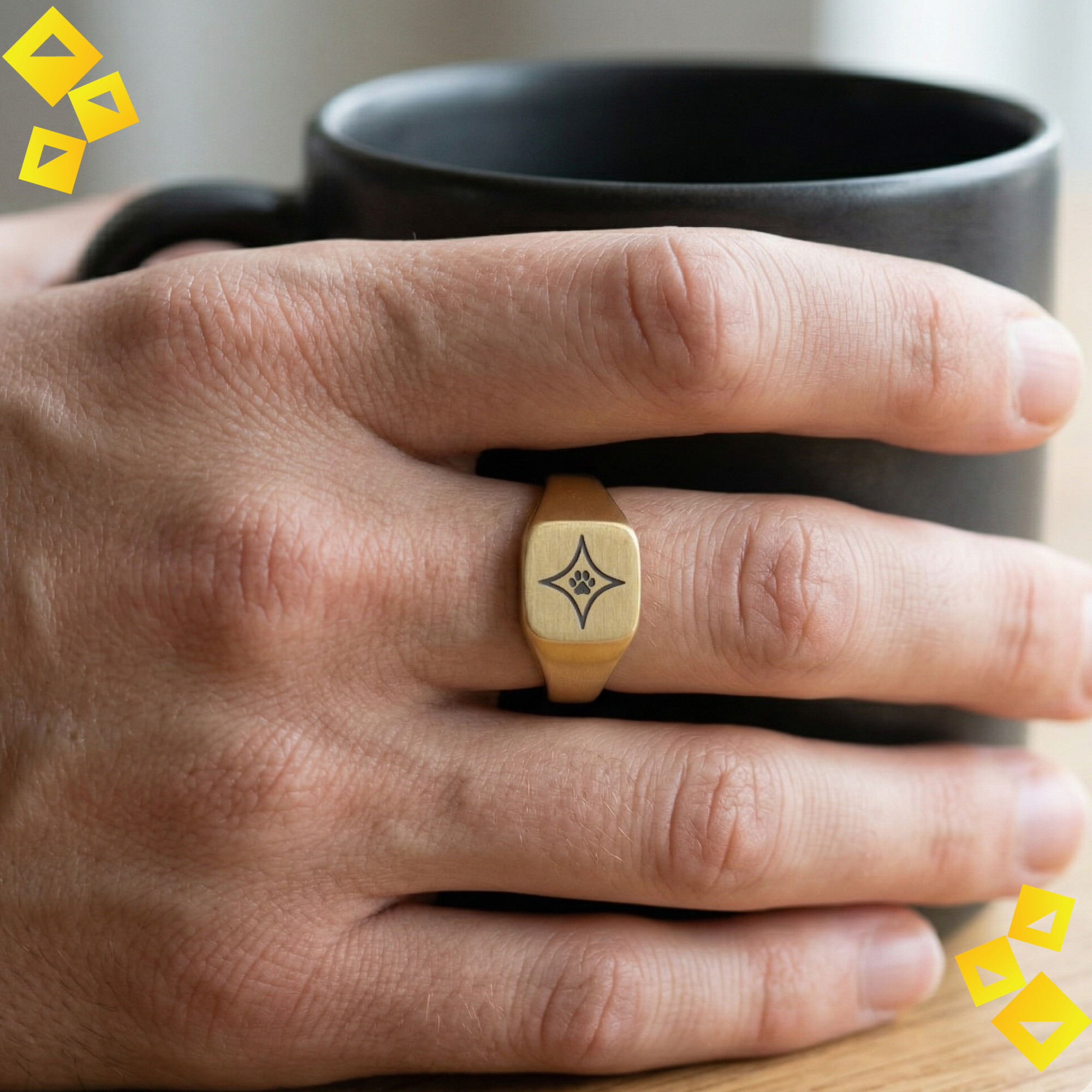 Square Signet Ring, Pet Paw Star Engraved Square Ring, Dog Mom Gift, Mother's Day Engraved Jewelry, Cat Mom Gift