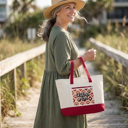 Zippered Canvas Tote, Legend Mom Dog Paw Print Bag, Pet Lover Mom Tote Bag, Cute Paw Pattern Carryall, Everyday Shopping Bag