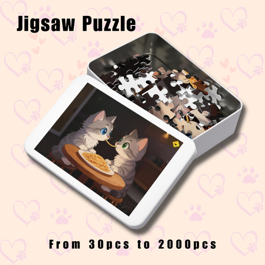 Jigsaw Puzzle with Tin - Cute Cat Love Puzzle - Romantic Kitten Art - Pet Lover Gift - Cozy Animal Puzzle 30 to 2000 Pieces