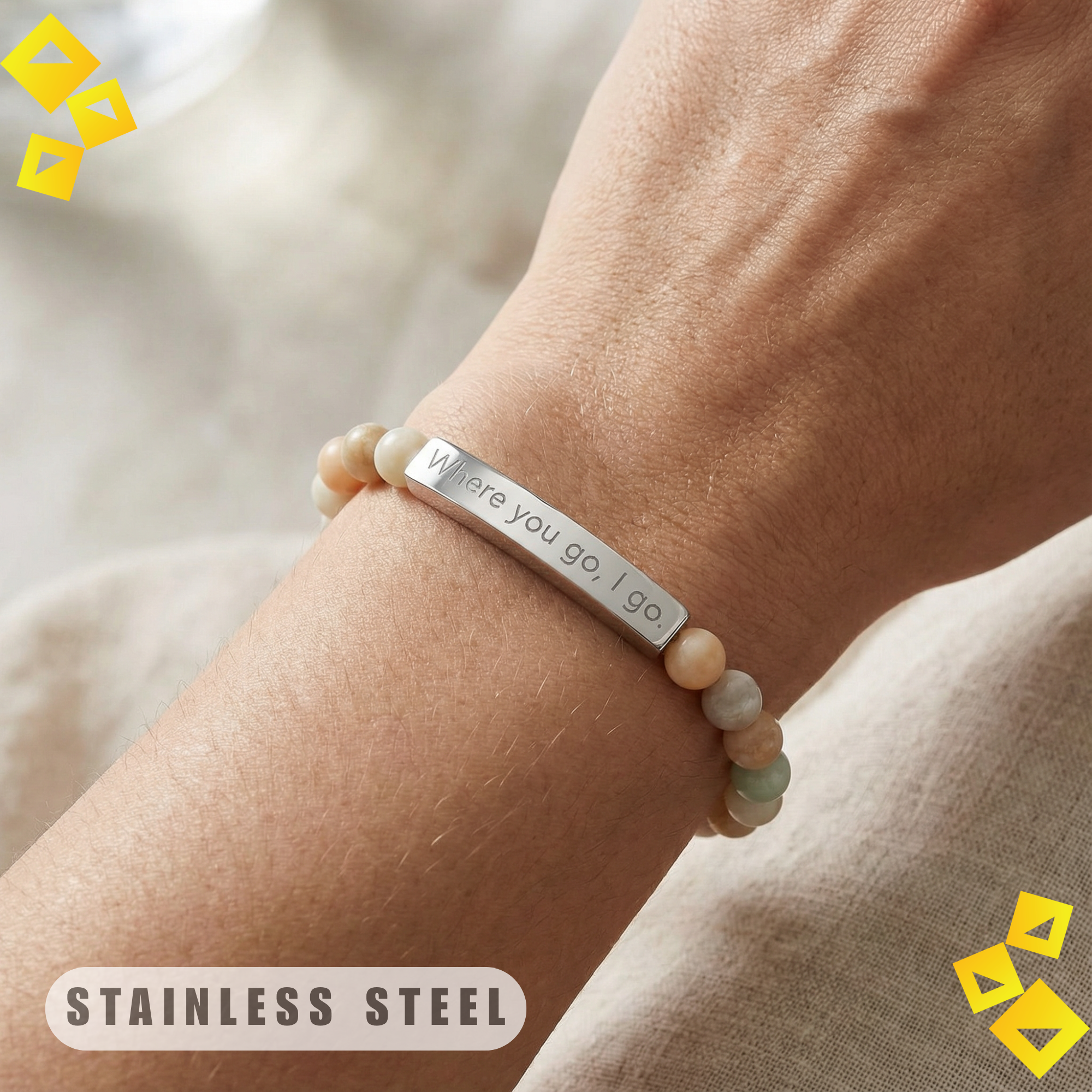 Natural Stone Stretch Bracelet - Where You Go I Go - Engraved Bar Bracelet - Meaningful Gift for Pet Lovers