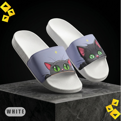 Sandals, cute kawaii cat design, men's beach footwear, removable strap sandals, green-eyed kitten, summer shoes
