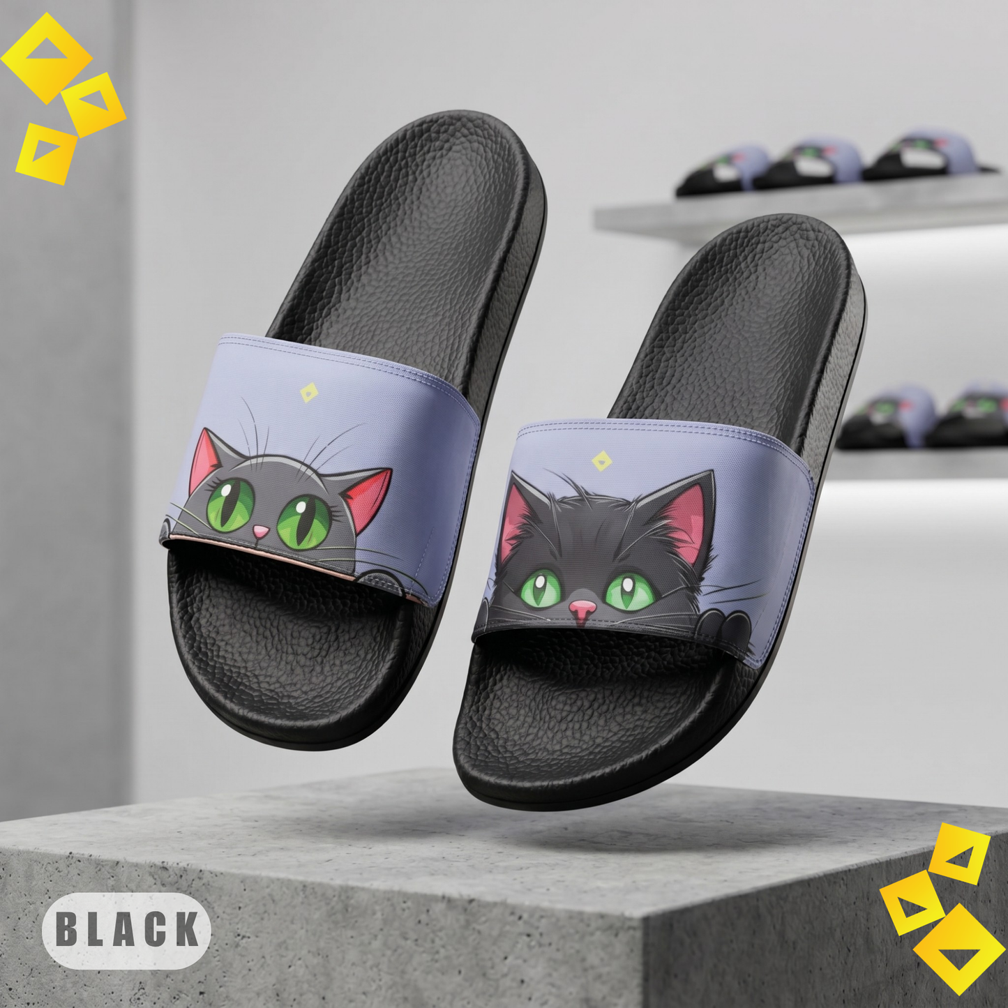 Sandals, cute kawaii cat design, men's beach footwear, removable strap sandals, green-eyed kitten, summer shoes