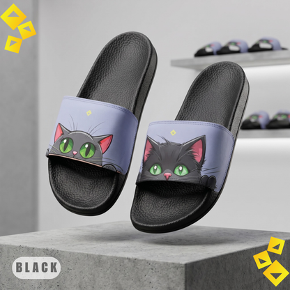 Sandals, cute kawaii cat design, men's beach footwear, removable strap sandals, green-eyed kitten, summer shoes