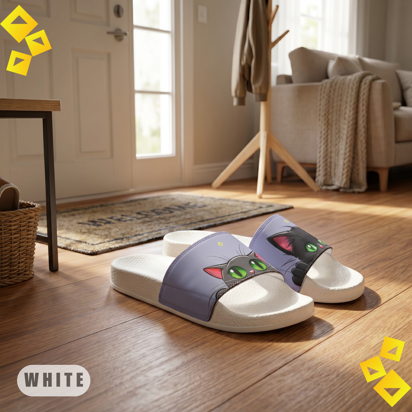 Sandals, cute kawaii cat design, men's beach footwear, removable strap sandals, green-eyed kitten, summer shoes