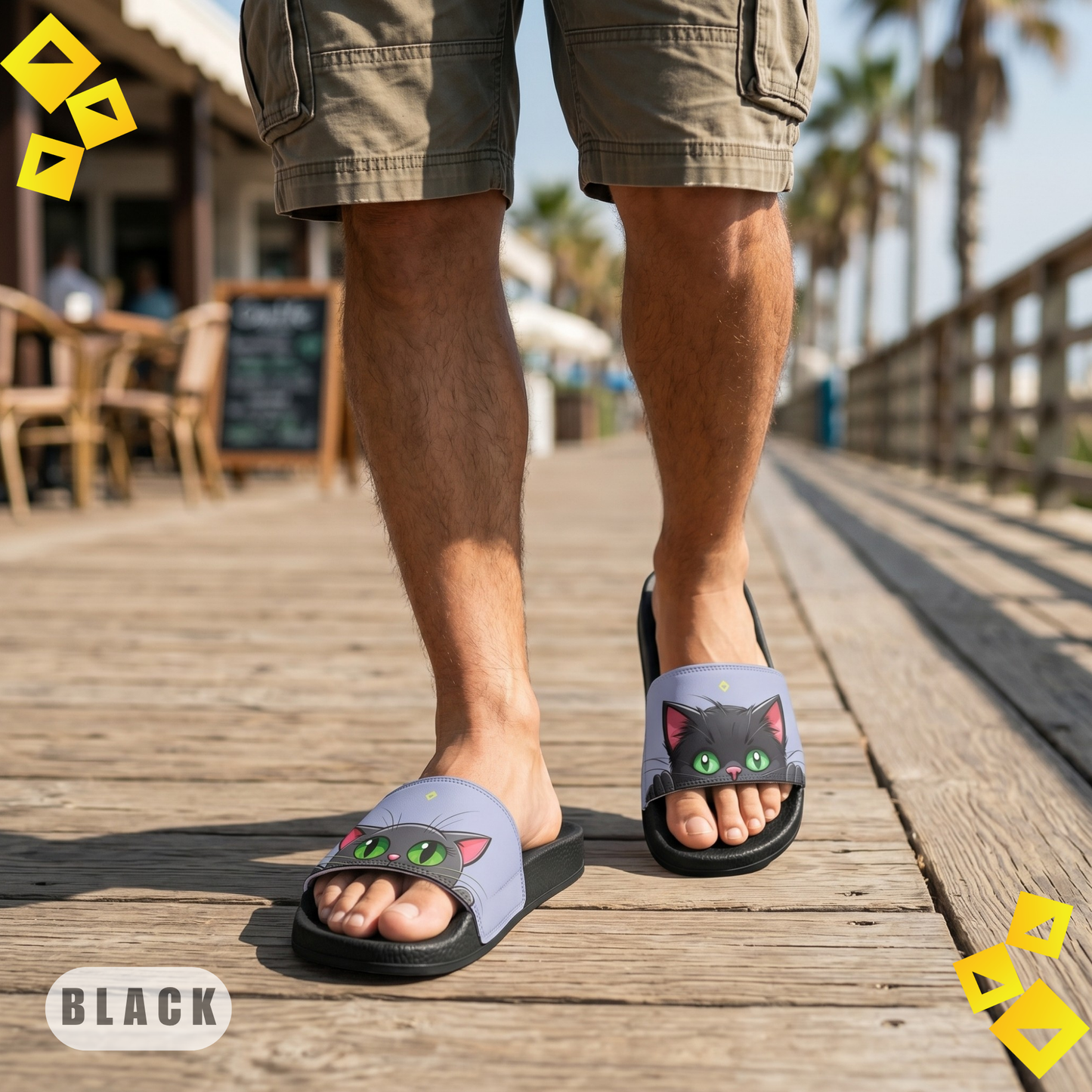 Sandals, cute kawaii cat design, men's beach footwear, removable strap sandals, green-eyed kitten, summer shoes