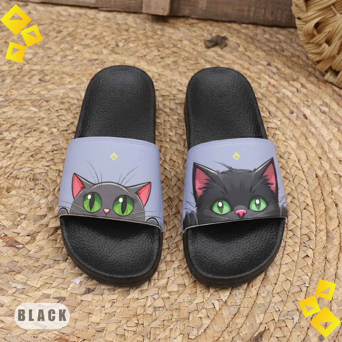 Sandals, cute kawaii cat design, men's beach footwear, removable strap sandals, green-eyed kitten, summer shoes