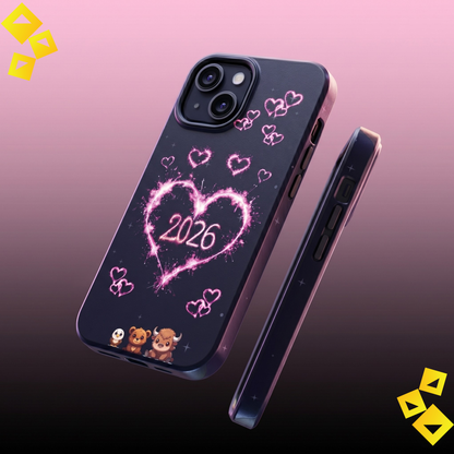 iPhone 17 Impact Resistant Personalized Case - 2026 Heart & Teddy Bear Design - Personalized Pink Glow Protective Phone Cover