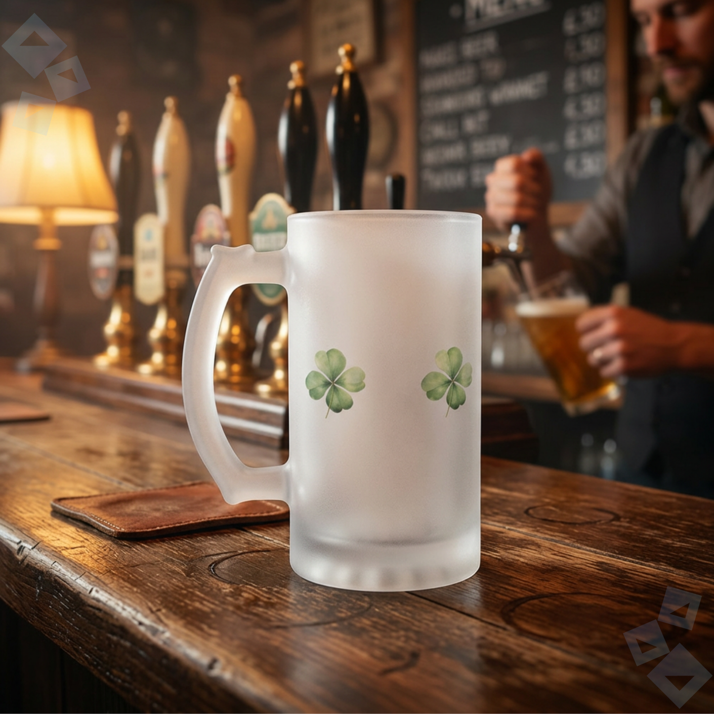 St Patricks Day Frosted Glass Beer Mug Shamrock Clover Design, Irish Beer Glass Mug, St Paddy Party Drinkware Gift for Beer Lovers
