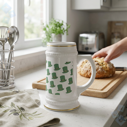 St Patricks Day Beer Stein Mug Leprechaun Hat Pattern, Irish Beer Mug Stein, Funny St Paddy Party Drink Mug, Gift for Beer Lovers
