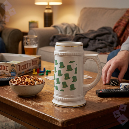 St Patricks Day Beer Stein Mug Leprechaun Hat Pattern, Irish Beer Mug Stein, Funny St Paddy Party Drink Mug, Gift for Beer Lovers