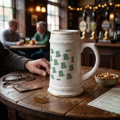 St Patricks Day Beer Stein Mug Leprechaun Hat Pattern, Irish Beer Mug Stein, Funny St Paddy Party Drink Mug, Gift for Beer Lovers