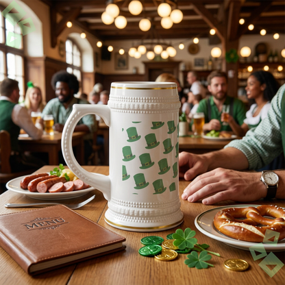 St Patricks Day Beer Stein Mug Leprechaun Hat Pattern, Irish Beer Mug Stein, Funny St Paddy Party Drink Mug, Gift for Beer Lovers