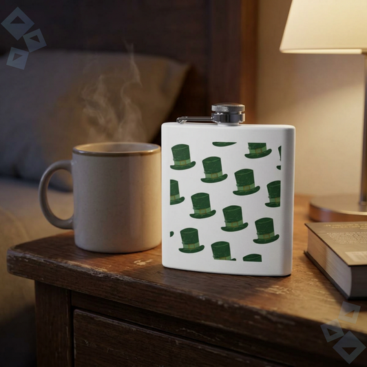 St Patricks Day Stainless Steel Flask 6oz, Green Leprechaun Hat Pattern Hip Flask, Irish Drinking Flask, Funny St Paddy Gift for Men