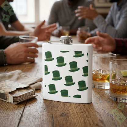 St Patricks Day Stainless Steel Flask 6oz, Green Leprechaun Hat Pattern Hip Flask, Irish Drinking Flask, Funny St Paddy Gift for Men