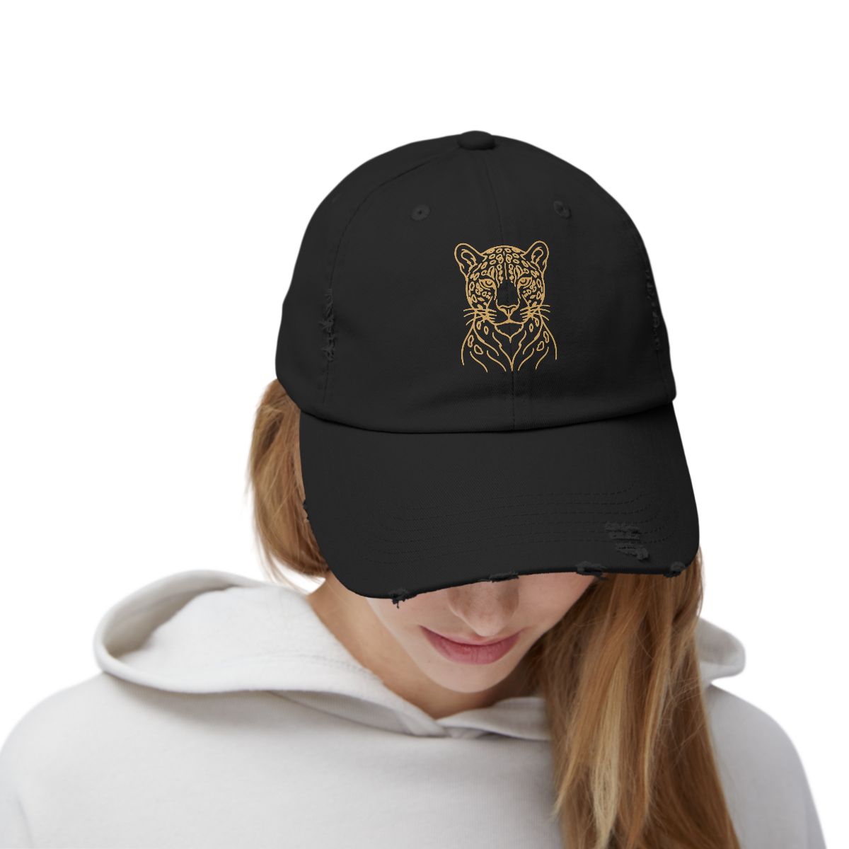Gold Jaguar Illustration Cap | Distressed Black Baseball Hat