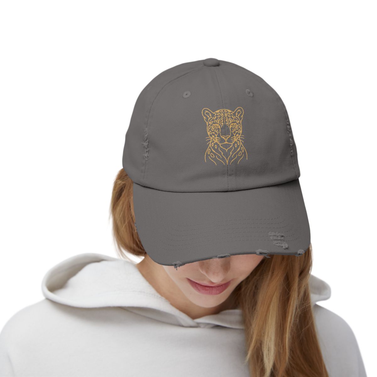 Gold Jaguar Illustration Cap | Distressed Black Baseball Hat