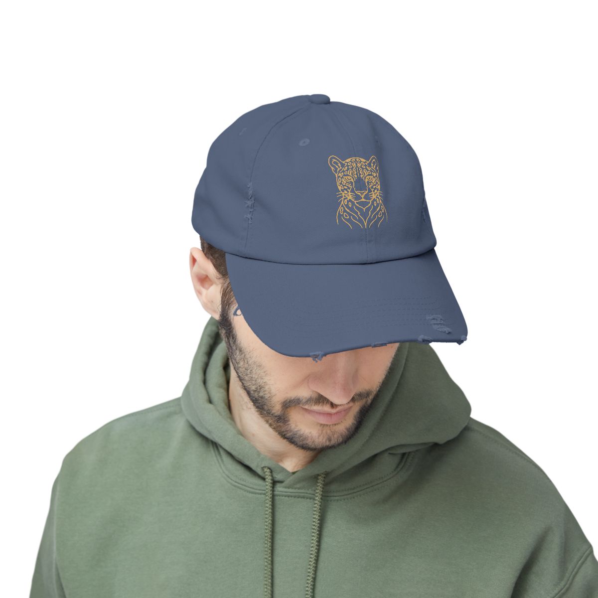 Gold Jaguar Illustration Cap | Distressed Black Baseball Hat