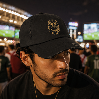 Gold Eagle Head Cap | Distressed Black Baseball Hat