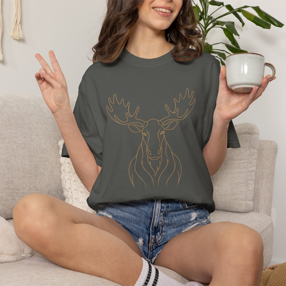 Minimal Line Art Moose T-Shirt | Outline Antler Graphic