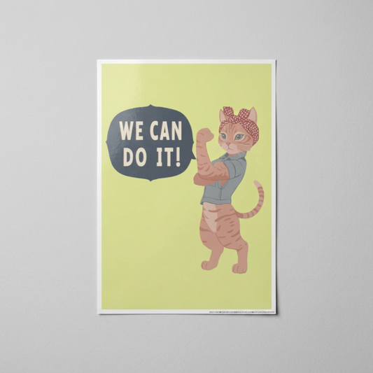 Gloss Poster Girl Power We Can Do It Cat Poster, Cute Feminist Cat Wall Art, Motivational Kids Room Decor, Gift for Cat Lovers