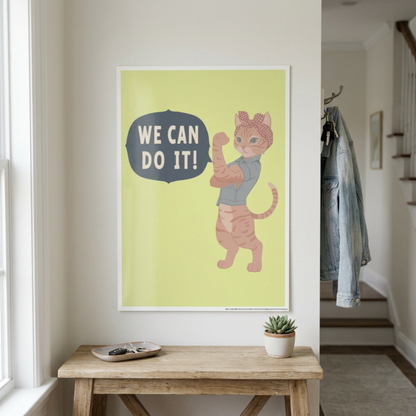 Gloss Poster Girl Power We Can Do It Cat Poster, Cute Feminist Cat Wall Art, Motivational Kids Room Decor, Gift for Cat Lovers